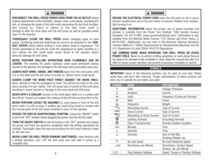 Page 6SECURE 
THE 
ELECTRICAL 
POWER 
CORD 
when 
the 
drill 
press 
is not 
in 
use
to
prevent 
unauthorized 
use 
of 
the 
tool 
and/or 
to 
prevent 
children 
from 
acciden-
tally 
turning 
it on.
ADDITIONAL 
INFORMA
TION
about 
the 
proper 
use 
of 
bench-mounted 
drill
presses 
is 
available 
from 
the 
Power 
Tool 
Institute, 
1300 
Sumner 
Avenue,
Cleveland, 
OH 
44115-2851 
(www
.powertoolinstitute.com). 
Information 
is 
also
available 
from 
the 
National 
Safety 
Council, 
1121 
Spring 
Lake 
Drive,...