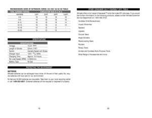 Page 11OTHER CONSUMER DO-IT-YOURSELF (DIY) TOOLS
Alltrade offers a full range of Kawasaki™ tools that make DIY jobs easy. If you would
like further information on the following products, please contact Alltrade Customer
Service Department at 1-800-590-3723. 
Cordless Drills/Screwdrivers
Impact Wrenches
Sanders
Jigsaws
Circular Saws
Angle Grinders
Reciprocating Saws
Routers
Rotary Tools
Corded and Cordless Multi-Purpose Tools
Wide Range of Accessories and more. 
20
RECOMMENDED SIZES OF EXTENSION CORDS 120 VOLT...