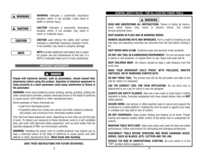 Page 3GENERAL 
SAFETY 
RULES 
– FOR 
ALL 
ELECTRIC 
POWER 
TOOLS
READ 
AND 
UNDERST
AND 
ALL 
INSTRUCTIONS.
Failure 
to 
follow 
all 
instruc-
tions 
listed 
below 
may 
result 
in 
electric 
shock, 
fire 
and/or 
serious 
personal 
injur
y.
KEEP 
GUARDS 
IN 
PLACE 
AND 
IN 
WORKING 
ORDER.
REMOVE 
ADJUSTING 
KEYS 
AND 
WRENCHES.
Form 
a habit 
of 
checking 
to 
see
that 
keys 
and 
adjusting 
wrenches 
are 
removed 
from 
the 
tool 
before 
turning 
it
on.KEEP 
WORK 
AREA 
CLEAN.
Cluttered 
areas 
and...