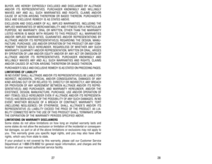 Page 1528
BUYER, ARE HEREBY EXPRESSLY EXCLUDED AND DISCLAIMED BY ALLTRADE
AND/OR ITS REPRESENTATIVES. PURCHASER KNOWINGLY AND WILLINGLY
WAIVES ANY AND ALL SUCH WARRANTIES AND RIGHTS, CLAIMS AND/OR
CAUSE OF ACTION ARISING THEREFROM OR BASED THEREON. PURCHASERS
SOLE AND EXCLUSIVE REMEDY IS AS STATED ABOVE.
EXCLUSION AND DISCLAIMER OF ALL IMPLIED WARRANTIES, INCLUDING THE
IMPLIED WARRANTIES OF MERCHANTABILITY AND FITNESS FOR A PARTICULAR
PURPOSE. NO WARRANTY, ORAL OR WRITTEN, OTHER THAN THE WARRANTY
LISTED HEREIN...