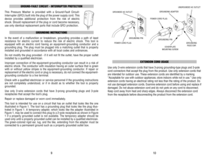 Page 6EXTENSION CORD USAGE
Use only 3-wire extension cords that have 3-prong grounding-type plugs and 3-pole
cord connectors that accept the plug from the product. Use only extension cords that
are intended for outdoor use. These extension cords are identified by a marking
“Acceptable for use with outdoor appliances; store indoors while not in use.” Use only
extension cords having an electrical rating not less than the rating of the product. Do
not use damaged extension cords. Examine extension cord before...