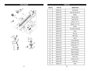 Page 12PARTS LIST
ITEM NO. PART NO. DESCRIPTION
22
PARTS DIAGRAM
21
1
K0300-4011
Top Cap Set
2
A0000-0421
Nylon Screw M6*18
3
A0005-1071
Washer
4
A0304-0521
Exhaust Cover
5
A0000-0171
Screw M6*30
6
A0200-0811
O-Ring 11.8*1.5
7
A0005-0541
Washer 12.5*1.6T
8
A0203-0111
Muffler
9
K0300-4021
Top Cap & Screw Set
10
A0003-0331
Screw
11
A0301-1641
Cap, Top
12
A0317-0001
Wear Ring
13
A0100-1971
Spring
14
K0300-2741
Firing Valve Set
15
A0200-2612
O-Ring 39.4*3.2
16
A0200-3211
O-Ring 59.4*3.1
17
A0308-0491
Firing Valve...