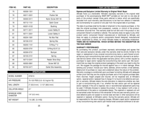 Page 141 YEAR LIMITED WARRANTY
Express and Exclusive Limited Warranty to Original Retail Buyer
Alltrade Tools LLC (hereinafter Alltrade) expressly warrants to the original retail
purchaser of the accompanying SNAP-ON™ portable air tool and no one else all
parts of the product (except those parts referred to below which are specifically
excluded from such warranty (see Exclusions) to be free from defects in materials
and workmanship for a period of one year from the original date of purchase.
The date of...