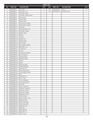 Page 17PARTS LIST
15
NO.PART NO.DESCRIPTIONQTYNO.PART NO.DESCRIPTIONQTY
1835446T-1Air Filter155835446T-55Tank1
2835446T-2Bolt M6 x 25456835446T-56Handle Cover1
3835446T-3Cylinder Head1
4835446T-4Cylinder Head Gasket1
5835446T-5Connector1
6835446T-6Valve Plate2
7835446T-7Valve Clack2
8835446T-8Aluminum Gasket1
9835446T-9Valve Plate Gasket1
10835446T-10Cylinder1
11835446T-11Hex Bolt M6 x 304
12835446T-12Cylinder Gasket1
13835446T-13Piston Ring1
14835446T-14Piston1
15835446T-15Circlip2
16835446T-16Piston Pin1...