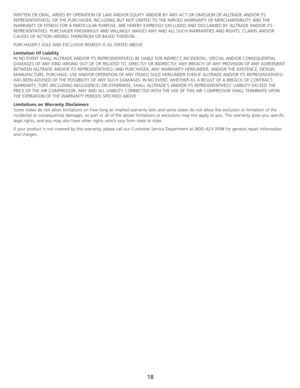 Page 20WRITTEN OR ORAL, ARISES BY OPERATION OF LAW AND/OR EQUITY AND/OR BY ANY ACT OR OMISSION OF ALLTRADE AND/OR ITS
REPRESENTATIVE(S), OR THE PURCHASER, INCLUDING BUT NOT LIMITED TO THE IMPLIED WARRANTY OF MERCHANTABILITY AND THE
WARRANTY OF FITNESS FOR A PARTICULAR PURPOSE, ARE HEREBY EXPRESSLY EXCLUDED AND DISCLAIMED BY ALLTRADE AND/OR ITS
REPRESENTATIVES. PURCHASER KNOWINGLY AND WILLINGLY WAIVES ANY AND ALL SUCH WARRANTIES AND RIGHTS, CLAIMS AND/OR
CAUSES OF ACTION ARISING THEREFROM OR BASED THEREON....