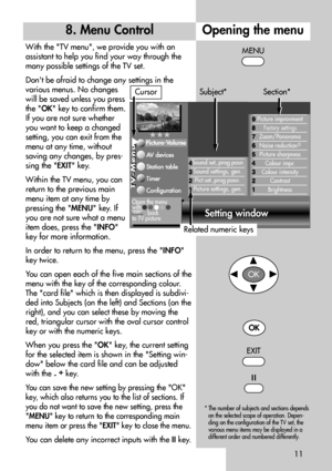 Page 1111
With the TV menu, we provide you with an
assistant to help you find your way through the
many possible settings of the TV set.
Dont be afraid to change any settings in the
various menus. No changes
will be saved unless you press
the OK key to confirm them.
If you are not sure whether
you want to keep a changed
setting, you can exit from the
menu at any time, without
saving any changes, by pres-
sing the EXIT key.
Within the TV menu, you can
return to the previous main
menu item at any time by
pressing...