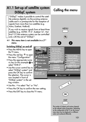 Page 101101
DiSEqC makes it possible to control the satel-
lite antenna digitally via the existing antenna
cable and is a prerequisite for the reception of
signals from more than two satellites (e.g.
Astra, Eutelsat, Hotbird).
If you wish to receive signals from at least three
satellites (e.g. ASTRA 19.2°, Eutelsat 16°, Hot-
bird 13°) the antenna system can be controlled
only with the aid of DiSEqC.
This menu item is not available in a 2**
menu.
Switching DiSEqC on and of
f
• Press the MENU key to open
the TV...