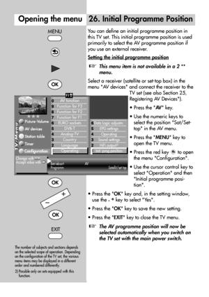 Page 7676
You can define an initial programme position in
this TV set. This initial programme position is used
primarily to select the AV programme position if
you use an external receiver.
Setting the initial programme position
This menu item is not available in a 2 **
menu.
Select a receiver (satellite or set-top box) in the
menu AV devices and connect the receiver to the
TV set (see also Section 25,
Registering AV Devices).
• Press the AV key.
• Use the numeric keys to
select the position Sat/Set-
top in the...