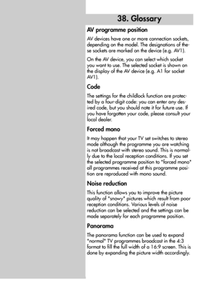 Page 9292
38. Glossar y
AV programme position
AV devices have one or more connection sockets,
depending on the model. The designations of the-
se sockets are marked on the device (e.g. AV1).
On the AV device, you can select which socket
you want to use. The selected socket is shown on
the display of the AV device (e.g. A1 for socket
AV1).
Code
The settings for the childlock function are protec-
ted by a four-digit code: you can enter any des-
ired code, but you should note it for future use. If
you have...