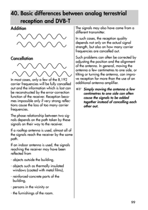 Page 9999
40. Basic differences between analog terrestrial
reception and DVB-T
Addition
Cancellation
In most cases, only a few of the 8,192
carrier frequencies will be fully cancelled
out and the information which is lost can
be reconstructed by the error-correction
function of the receiver. Reception beco-
mes impossible only if very strong reflec-
tions cause the loss of too many carrier
frequencies. 
The phase relationship between two sig-
nals depends on the path taken by these
signals on their way to the...