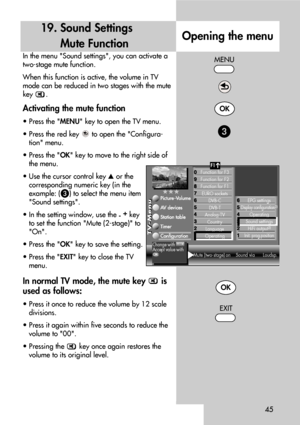 Page 4545
In the menu Sound settings, you can activate a
two-stage mute function.
When this function is active, the volume in TV
mode can be reduced in two stages with the mute
key .
Activating the mute function
• Press the MENU key to open the TV menu.
• Press the red key  to open the Configura-
tion menu.
• Press the OK key to move to the right side of
the menu.
• Use the cursor control key or the
corresponding numeric key (in the
example: (
) to select the menu item
Sound settings.
• In the setting window,...