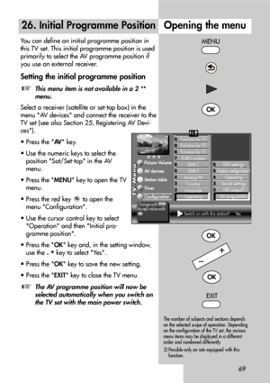 Page 6969
You can define an initial programme position in
this TV set. This initial programme position is used
primarily to select the AV programme position if
you use an external receiver.
Setting the initial programme position
This menu item is not available in a 2 **
menu.
Select a receiver (satellite or set-top box) in the
menu AV devices and connect the receiver to the
TV set (see also Section 25, Registering AV Devi-
ces).
• Press the AV key.
• Use the numeric keys to select the
position Sat/Set-top in...