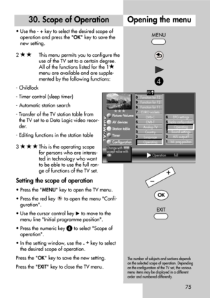 Page 7575
• Use the - +key to select the desired scope of
operation and press the OK key to save the
new setting.
2    
This menu permits you to configure the
use of the TV set to a certain degree.
All of the functions listed for the 1
menu are available and are supple-
mented by the following functions:
- Childlock
- Timer control (sleep timer)
- Automatic station search
- Transfer of the TV station table from
the TV set to a Data Logic video recor-
der.
- Editing functions in the station table
3    
This is...