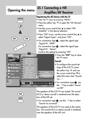 Page 8888
35.1 Connecting a Hifi
Amplifier/AV Receiver
Registering the AV Device with the TV
• Enter the TV menu by pressing MENU.
• Press the yellow key  to open the AV Devices
menu.
• Use the cursor control key to select Hifi
Amplifier in the device selection.
• Press OK twice, use the cursor control key to
select Signal Types, and press OK..
• For connection type , select the signal type
Signal IN - SPDIF“.
For connection type , select the signal type
Signal IN – Stereo.
Confirm the setting by pressing...