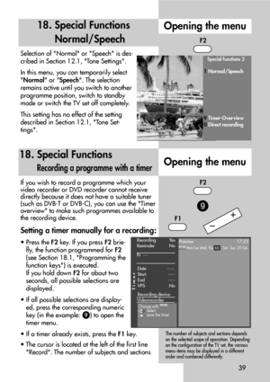 Page 3939
18. Special Functions
Normal/SpeechOpening the menu
Opening the menu
Selection of Normal or Speech is des-
cribed in Section 12.1, Tone Settings.
In this menu, you can temporarily select
Normal or Speech. The selection
remains active until you switch to another
programme position, switch to standby
mode or switch the TV set off completely.
This setting has no effect of the setting
described in Section 12.1, Tone Set-
tings.Special functions 2
1Normal/Speech
9Timer-Over view
0Direct recording
F2
If you...