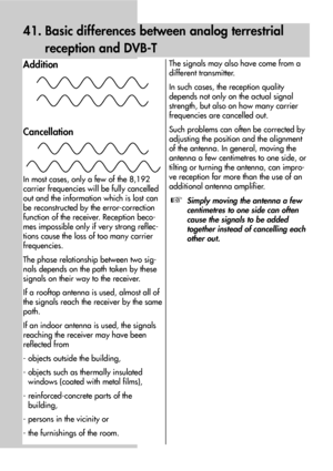 Page 9090
41. Basic differences between analog terrestrial
reception and DVB-T
Addition
Cancellation
In most cases, only a few of the 8,192
carrier frequencies will be fully cancelled
out and the information which is lost can
be reconstructed by the error-correction
function of the receiver. Reception beco-
mes impossible only if very strong reflec-
tions cause the loss of too many carrier
frequencies. 
The phase relationship between two sig-
nals depends on the path taken by these
signals on their way to the...