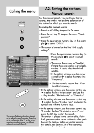 Page 98For the manual search, you must know the fre-
quency, the symbol rate and the polarisation of
the station for which you want to search.
Executing the manual search
• Press the MENU key to open the TV menu.
• Press the red key  to open the menu Confi-
guration
• Press the appropriate numeric key (in this exam-
ple 
to select DVB-S.
• The cursor is located on the line LNB supply
voltage.
• Press the appropriate numeric key (in
this example 
 to select Manual
search.
• The cursor then moves to Satellite....