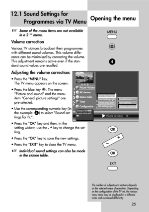 Page 2525
12.1 Sound Settings for
Programmes via TV Menu
Opening the menu
Some of the menu items are not available
in a 2 ** menu.
Volume correction
Various TV stations broadcast their programmes
with different sound volumes. This volume diffe-
rence can be minimised by correcting the volume.
This adjustment remains active even if the stan-
dard sound values are recalled.
Adjusting the volume correction:
• Press the MENU key.
The TV menu appears on the screen.
• Press the blue key . The menu 
Picture and sound...