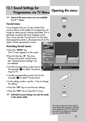 Page 2727
12.1 Sound Settings for
Programmes via TV Menu
Some of the menu items are not available
in a 2 ** menu.
Forced mono
It may happen that your TV set switches from
mono to stereo in the middle of a programme, alt-
hough no stereo sound is being transmitted. This is
generally caused by the local reception condi-
tions. If you activate Forced mono for the selec-
ted programme position, all programmes from this
station will be reproduced in mono.
Activating forced mono:
• Press the MENU key.
The TV menu...