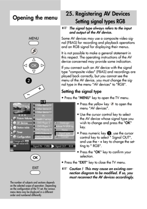 Page 6666
The signal type always refers to the input
and output of the AV device.
Some AV devices may use a composite video sig-
nal (FBAS) for recording and playback operations
and an RGB signal for displaying their menus.
It is not possible to make a general statement in
this respect. The operating instructions of the AV
device concerned may provide some indication.
If you connect such an AV device with the signal
type composite video (FBAS) and recordings are
played back correctly, but you cannot see the...