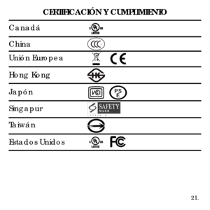 Page 4721.
CERTIFICACIÓN Y CUMPLIMIENTO
Unión Europea
Japón
Estados Unidos
Canadá
China
Taiwán
Singapur
Hong Kong 