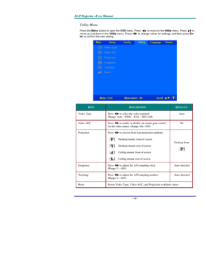 Page 29D D
D
L L
L
P P
P
   
 
P P
P
r r
r
o o
o
j j
j
e e
e
c c
c
t t
t
o o
o
r r
r
— —
—
U U
U
s s
s
e e
e
r r
r
   
 
M M
M
a a
a
n n
n
u u
u
a a
a
l l
l
   
 – 24 – Utility Menu  
Press the Menu button to open the OSD menu. Press  to move to the Utility menu. Press  to 
move up and down in the Utility menu. Press  to change values for settings, and then press En-
ter to confirm the new setting.  ITEM
 DESCRIPTION
 DEFAULT
 Video Type Press  to select the video standard. 
(Range: Auto—NTSC—PAL—SECAM) Auto...