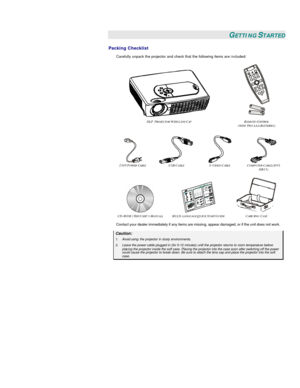 Page 6 
 GETTING STARTED 
Packing Checklist 
Carefully unpack the projector and check that the following items are included: 
    
DLP PROJECTOR WITH LENS CAP REMOTE CONTROL  
(WITH TWO AAA BATTERIES) 
     
250V POWER CABLE
 USB CABLE S-VIDEO CABLE COMPUTER CABLE (DVI-
DB15) 
 
    
CD-ROM (THIS USER’S MANUAL) MULTI-LANGUAGE QUICK START GUIDE  CARRYING CASE 
Contact your dealer immediately if any items are missing, appear damaged, or if the unit does not work. Caution: 1. Avoid using the projector in dusty...