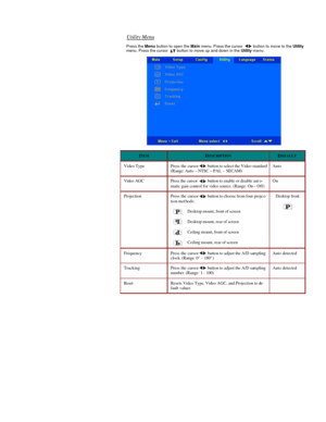 Page 26 
  Utility Menu  
Press the Menu button to open the Main menu. Press the cursor  button to move to the Utility 
menu. Press the cursor  button to move up and down in the Utility menu.  ITEM
 DESCRIPTION
 DEFAULT
 Video Type Press the cursor  button to select the Video standard  
(Range: Auto – NTSC – PAL – SECAM) Auto Video AGC Press the cursor  button to enable or disable auto-
matic gain control for video source. (Range: On – Off) On Press the cursor  button to choose from four projec-
tion methods:...