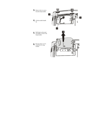 Page 30 
  3. Remove the two screws 
from the lamp module. 
 
4. Lift the module handle 
up.  
5. Pull firmly on the mod-
ule handle to remove the 
lamp module. 
 
6. Reverse steps 1 to 5 to 
install the new lamp 
module.  
  