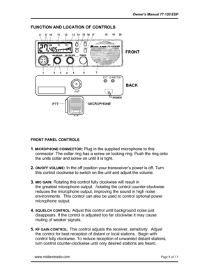 Page 8Owner’s Manual 77-120 ESP 
 www.midlandradio.com    Page 8 of 13 
FUNCTION AND LOCATION OF CONTROLS 
 
 
 
FRONT PANEL CONTROLS 
 
1
. MICROPHONE CONNECTOR: Plug in the supplied microphone to this  
    connector. The collar ring has a screw on locking ring. Push the ring onto  
    the units collar and screw on until it is tight.  
 
2. 
ON/OFF VOLUME: In the off position your transceiver’s power is off. Turn  
    this control clockwise to switch on the unit and adjust the volume. 
 
3. 
MIC GAIN:...