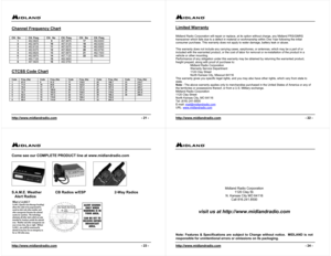 Page 6http://www.midlandradio.com                                                                                              - 21 -Channel Frequency ChartCH.  No CH. Freq. CH.  No CH. Freq. CH.  No CH. Freq.
1462.5625
9467.5875
17462.60002462.5875
10467.6125
18462.62503462.6125
11467.6375
19462.65004462.6375
12467.6625
20462.67505462.6625
13467.6875
21462.70006462.6875
14467.7125
22462.72507462.7125
15462.55008467.5625
16462.5750
CTCSS Code ChartCode Freq. (Hz) Code Freq. (Hz) Code Freq. (Hz) Code Freq. (Hz)...