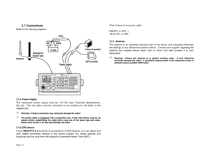 Page 13Page 13 
3.7 Connections 
Refer to the following diagram: 
 
 
3.7.a Power Supply 
The transceiver power supply must be 12V DC (see Technical Specifications, 
Sec.12).  The red cable must be connected to the positive pin, the black to the 
negative pin. 
, 
Warning! A faulty connection may seriously damage the radio! 
, 
The power cable is equipped with a protection fuse. If the fuse shorts, look for its 
reason before substituting the cable with a new one of the same type and value.  
Never...