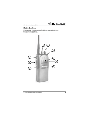 Page 9
SP-400 Series User’s Guide  
Radio Controls 
Please read this section to familiarize yourself with the 
transceiver’s controls. 
2
3
1
7 4
68 
5
9 
© 2005, Midland Radio Corporation 9  