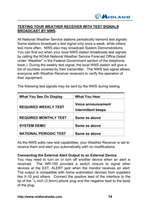 Page 15http://www.midlandradio.com                                                    14
TESTING YOUR WEATHER RECEIVER WITH TEST SIGNALS
BROADCAST BY NWS.
All National Weather Service stations periodically transmit test signals.
Some stations broadcast a test signal only once a week, while others
test more often.  NWS also may broadcast System Demonstrations.
You can find out when your local NWS station broadcasts test signals
by calling the NOAA National Weather Service Forecast Office (listed
under ‘Weather”...