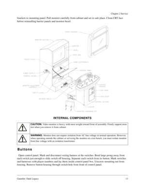 Page 12Gauntlet: Dark Legacy13
Chapter 2 Service
brackets to mounting panel. Pull monitor carefully from cabinet and set in safe place. Clean CRT face 
before reinstalling barrier panels and monitor bezel.
INTERNAL COMPONENTS
Buttons
Open control panel. Mark and disconnect wiring harness at the switches. Bend large prong away from 
each switch just enough to slide switch off housing. Separate each switch from its button. Mark switches 
and harnesses with player numbers and lay them inside control panel box....