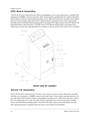 Page 1314Midway Games West Inc.
Chapter 2 Service
CPU Board Assembly
Switch off AC power. Open front door. Remove groundplane cover to expose Electronics Assembly. Note 
orientation of JAMMA connector and other cables. Extract harness and hard disk drive ribbon cable from 
board connectors. Remove ground plane mounting screws. Slide entire electronics assembly out of cabinet 
and set in static-free place. Disconnect VGA connector. Remove mounting screws from circuit boards. 
Carefully remove Sound I/O Board,...