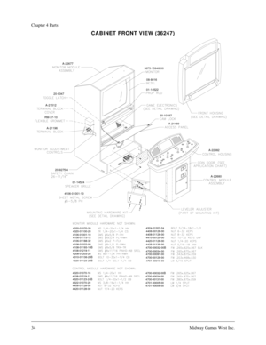 Page 3334Midway Games West Inc.
Chapter 4 Parts
CABINET FRONT VIEW (36247)
5675-15948-00
08-8016
01-14522
20-9275-4A-21469
A-22682 A-21196
01-1452420-10187
4106-01001-10
20-9347
A-22680 A-22677
4020-01070-20
4406-00128-00 4324-01207-24
4108-01022-08
4108-01193-10B
4310-01136-20B 4208-01203-20
4320-01123-20B 4106-01115-12
4106-01188-32 4020-01100-20
4106-01001-104408-01128-00
4701-00016-00 4700-00129-00 4700-00032-00B
4700-00091-00 4700-00034-004420-01128-00 4410-00129-00
4425-01135-00
4020-01070-16...