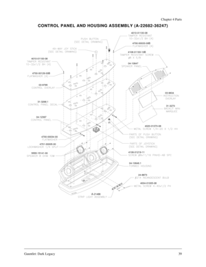 Page 38Gauntlet: Dark Legacy39
Chapter 4 Parts
CONTROL PANEL AND HOUSING ASSEMBLY (A-22682-36247)
4010-01100-08
4700-00033-00B
4004-01005-084020-01070-08 4108-01193-10B
24-8873
A-21488
04-10646.1 4700-00129-00B
04-12397
4700-00034-00
4701-00005-00
5555-15141-0031-3268.103-9795
4108-01219-11
4010-01100-08
04-10647
31-3270 03-9634 