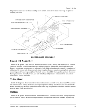 Page 15Gauntlet: Dark Legacy Universal Conversion Kit 15
Chapter 2 Service
fully remove screws and lift drive assembly out of cabinet. Store drives in anti-static bags or approved 
shipping containers.
ELECTRONICS ASSEMBLY
Sound I/O Assembly
Switch off AC power. Open rear door. Remove electronics cover. Carefully note orientation of JAMMA 
connector and other cables. Extract harnesses and hard disk drive ribbon cable from board connectors. 
Remove groundplane mounting screws and security lock. Slide entire...