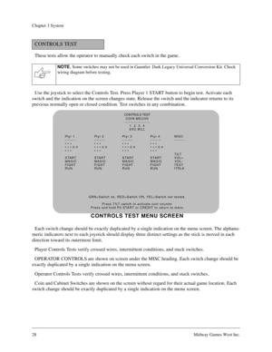 Page 2828Midway Games West Inc.
Chapter 3 System
These tests allow the operator to manually check each switch in the game. 
Use the joystick to select the Controls Test. Press Player 1 START button to begin test. Activate each 
switch and the indication on the screen changes state. Release the switch and the indicator returns to its 
previous normally open or closed condition. Test switches in any combination.
Each switch change should be exactly duplicated by a single indication on the menu screen. The...