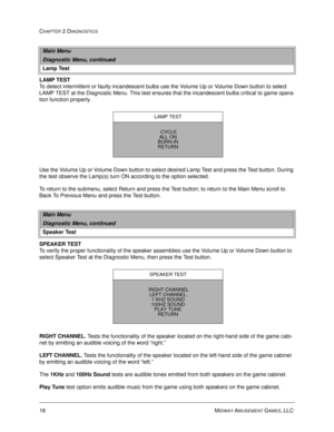 Page 3418 MIDWAY AMUSEMENT GAMES, LLC 
CHAPTER 2 DIAGNOSTICS
LAMP TEST
To detect intermittent or faulty incandescent bulbs use the Volume Up or Volume Down button to select 
LAMP TEST at the Diagnostic Menu. This test ensures that the incandescent bulbs critical to game opera-
tion function properly. 
Use the Volume Up or Volume Down button to select desired Lamp Test and press the Test button. During 
the test observe the Lamp(s) turn ON according to the option selected.
To return to the submenu, select Return...