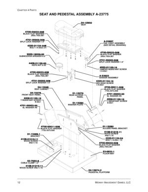 Page 72CHAPTER 4 PARTS
12 MIDWAY AMUSEMENT GAMES, LLC
SEAT AND PEDESTAL ASSEMBLY A-23775





6($7





%
%%/$&. )/$7 :$6+(5
[[






%
%63/,7 /2&. :$6+(5 µ




%
%%2/7 [ 





68%:22)(5 63($.(5 µ






.(36 187 




%
%%/$&. )/$7 :$6+(5
[[






%
%63/,7 /2&. :$6+(5 µ...