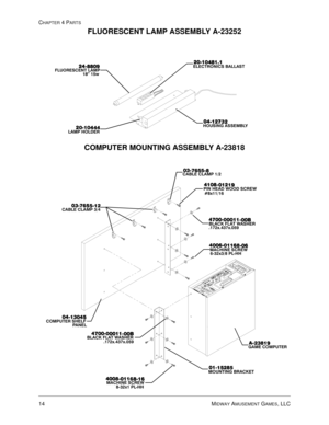 Page 74CHAPTER 4 PARTS
14 MIDWAY AMUSEMENT GAMES, LLC



)/825(6&(17 /$03
µ Z



(/(&7521,&6 %$//$67




/$03 +2/(5





+286,1* $66(0%/<
FLUORESCENT LAMP ASSEMBLY A-23252
COMPUTER MOUNTING ASSEMBLY A-23818
$
$


*$0( &20387(5




&20387(5 6+(/)
3$1(/




02817,1* %5$&.(7





0$&+,1( 6&5(:
[ 3/++





%
%%/$&. )/$7 :$6+(5
[[
...