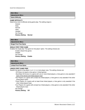 Page 2610 MIDWAY AMUSEMENT GAMES, LLC 
CHAPTER 2 DIAGNOSTICS
GAME DIFFICULTY
Determines level of difficulty during game play. The setting range is:
-Easiest                
-Easy
-Normal
-Hard
-Hardest
-No Change
-Factory Setting:    Normal
SINGLE FIRST FREE GAME
Enables the single play “free game for first place” option. The setting choices are:
-Enable (Award free game)
-Disable
-No Change
-Factory Setting:    Enable
LINKED FIRST GAME FREE
Awards free game to top player in a 2, 3, 4 or more player race. The...