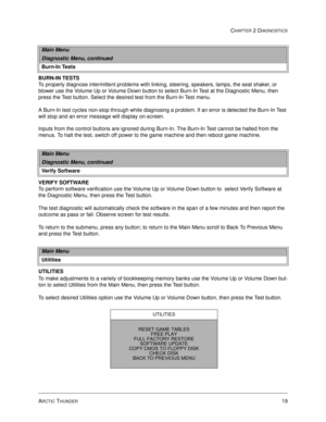 Page 35ARCTIC THUNDER19
CHAPTER 2 DIAGNOSTICS
BURN-IN TESTS
To properly diagnose intermittent problems with linking, steering, speakers, lamps, the seat shaker, or 
blower use the Volume Up or Volume Down button to select Burn-In Test at the Diagnostic Menu, then 
press the Test button. Select the desired test from the Burn-In Test menu.
A Burn-In test cycles non-stop through while diagnosing a problem. If an error is detected the Burn-In Test 
will stop and an error message will display on-screen. 
Inputs from...