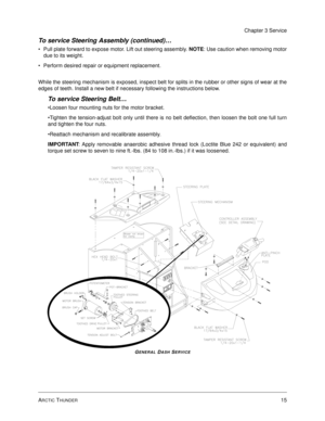 Page 59ARCTIC THUNDER15
Chapter 3 Service
To service Steering Assembly (continued)…
Pull plate forward to expose motor. Lift out steering assembly. NOTE
: Use caution when removing motor
due to its weight. 
Perform desired repair or equipment replacement.
While the steering mechanism is exposed, inspect belt for splits in the rubber or other signs of wear at the
edges of teeth. Install a new belt if necessary following the instructions below. 
To service Steering Belt…
Loosen four mounting nuts for the motor...