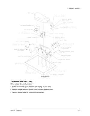 Page 63ARCTIC THUNDER19
Chapter 3 Service
SEAT SERVICE
To service Seat Tail Lamp… 
Refer to Seat Service illustration.
Switch off power to game machine and unplug AC line cord.
Remove tamper resistant screws used to fasten red lens cover.
Perform desired repair or equipment replacement. 