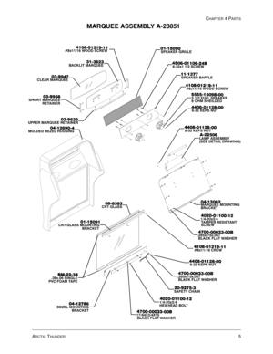 Page 69ARCTIC THUNDER5
CHAPTER 4 PARTS
MARQUEE ASSEMBLY A-23851
&/($5 0$548((



%$&./,7 0$548((



6+257 0$548((



5(7$,1(5
833(5 0$548(( 5(7$,1(5



02/( %(=(/ +286,1*





 .(36 187





  )8// 63($.(5






 2+0 6+(,/(
[ :22 6&5(:







63($.(5 %$))/(



[  6&5(:





%
%
63($.(5 *5,//(...