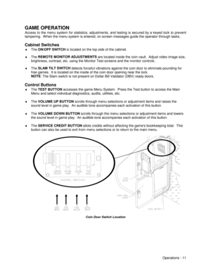 Page 17Operations - 11
GAME OPERATION
Access to the menu system for statistics, adjustments, and testing is secured by a keyed lock to prevent
tampering.  W hen the menu system is entered, on screen messages guide the operator through tasks.
Cabinet Switches
♦
 The ON/OFF SWITCH 
is located on the top side of the cabinet.
♦
 The REMOTE MONITOR ADJUSTMENTS 
are located inside the coin vault.  Adjust video image size,
brightness, contrast, etc. using the Monitor Test screens and the monitor controls.
♦
 The SLAM...