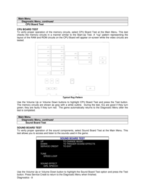 Page 26Diagnostics - 8
Main Menu
     Diagnostic Menu, continued
           CPU Board Test
CPU BOARD TEST
To verify proper operation of the memory circuits, select CPU Board Test at the Main Menu. This test
checks the memory circuits in a manner similar to the Start-Up Test. A “rug” pattern representing the
layout of the RAM and ROM circuits on the CPU Board will appear on-screen while the video circuits are
tested.
Typical Rug Pattern
Use the Volume Up or Volume Down buttons to highlight CPU Board Test and...